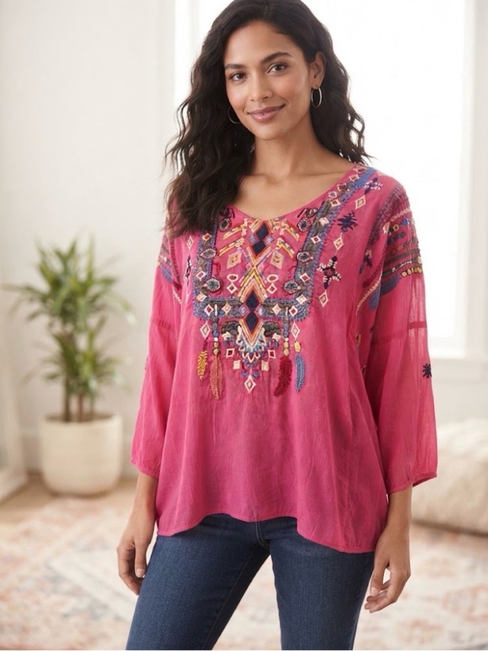 Johnny Was Embroidered Boho Tunic Top Pink Size M
